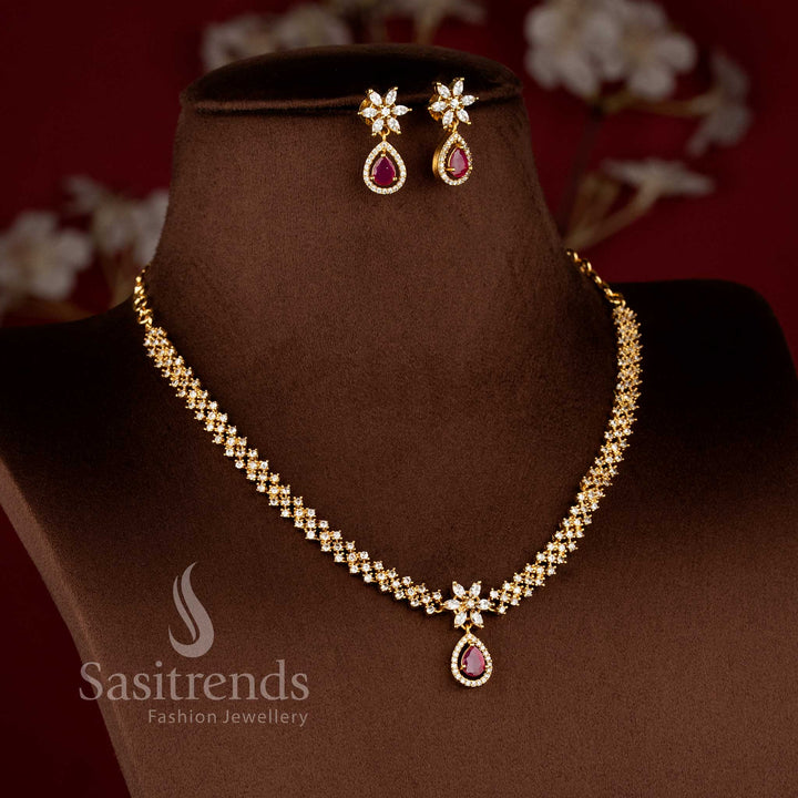 Princess-Inspired Matte Gold Plated Necklace Jewellery Set with American Diamond Stones | Sasitrends