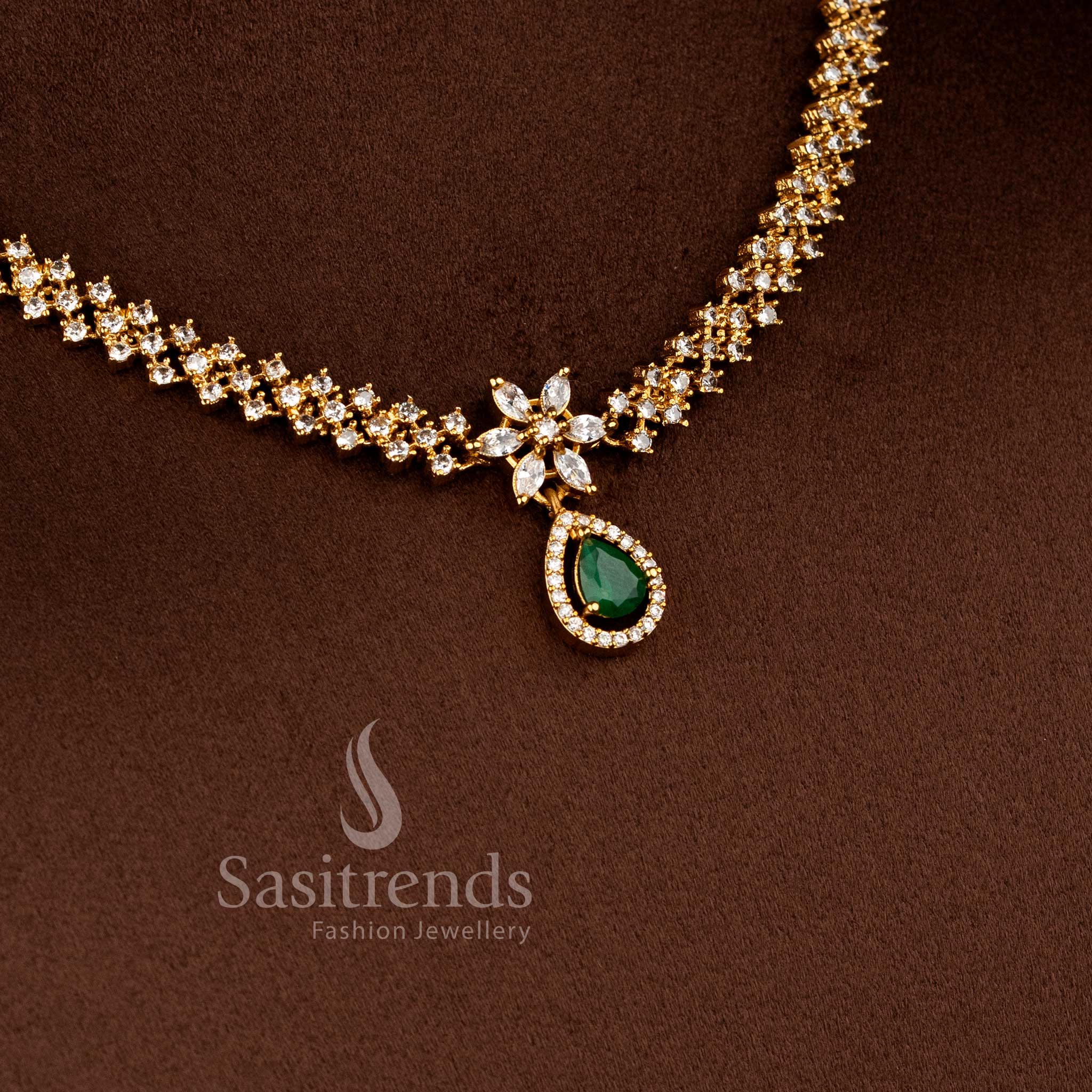 Elegant Princess Style White Green Necklace Jewellery Set with American Diamond stones and matte gold plated finish - Sasitrends