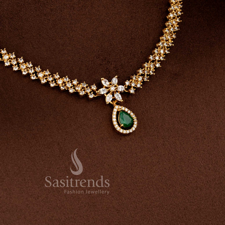 Elegant Princess Style White Green Necklace Jewellery Set with American Diamond stones and matte gold plated finish - Sasitrends