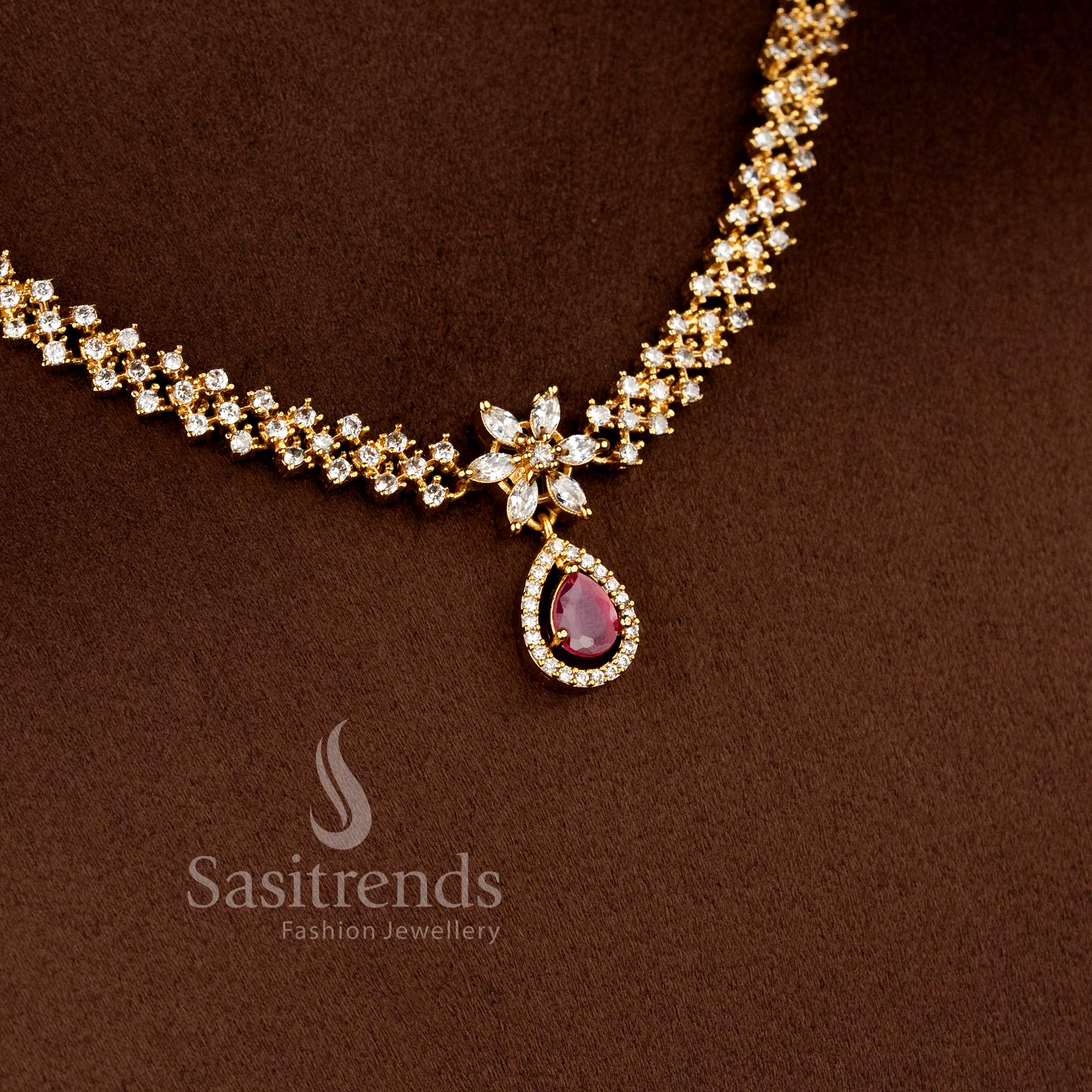 Princess-Inspired Matte Gold Plated Necklace Jewellery Set featuring White Ruby center stones and sparkling American Diamond detailing for bridal and festive wear - Sasitrends