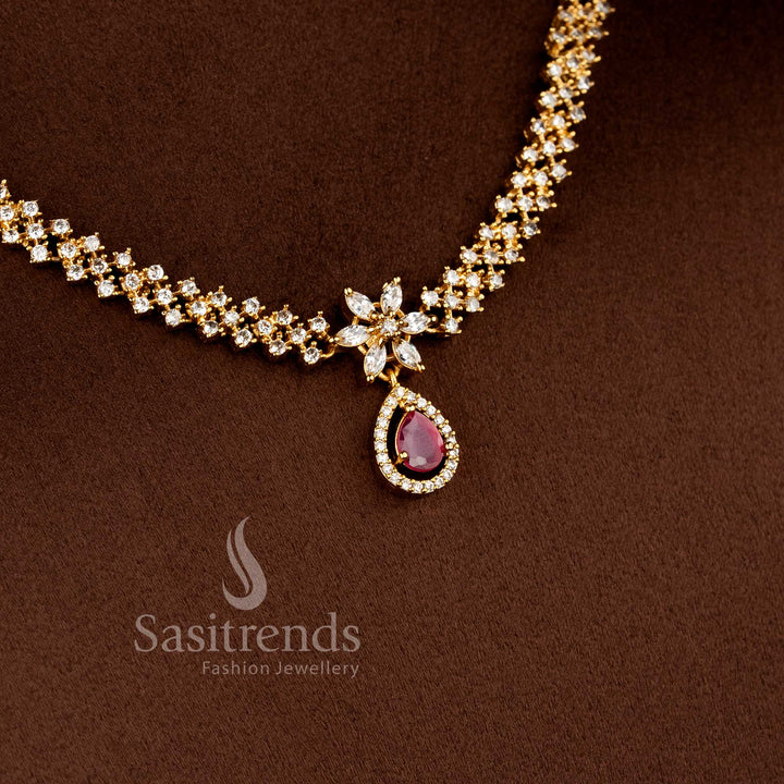 Princess-Inspired Matte Gold Plated Necklace Jewellery Set featuring White Ruby center stones and sparkling American Diamond detailing for bridal and festive wear - Sasitrends