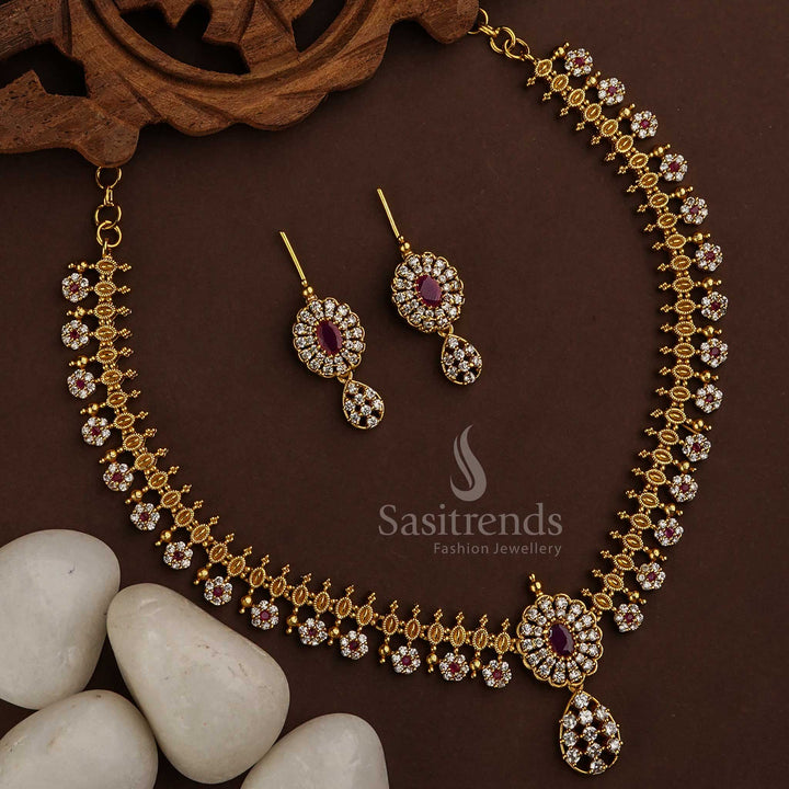 Charming white-ruby matte gold finish necklace jewellery set designed with American Diamond stones, perfect to style for both party and festive looks - Sasitrends
