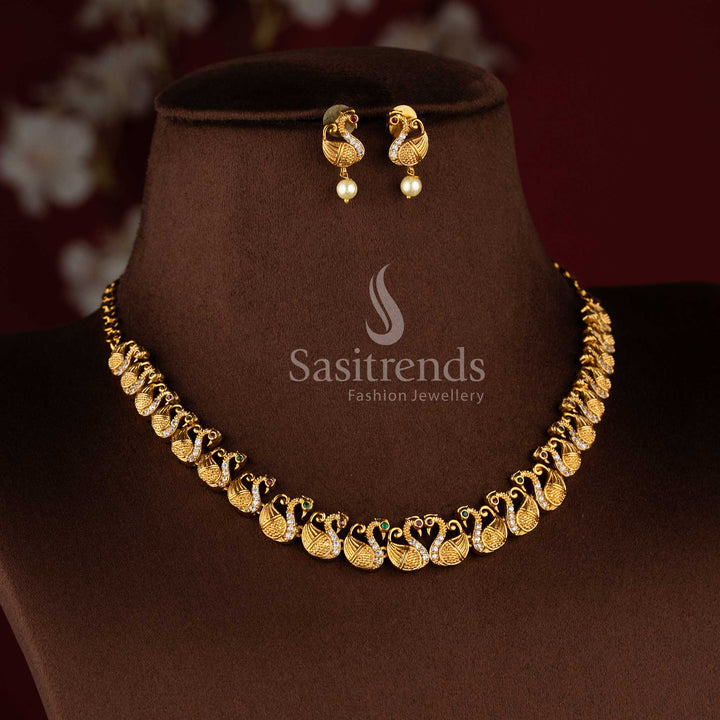 Gorgeous Matte Gold Tone Swan Necklace jewellery Set with American Diamond Stones | Sasitrends