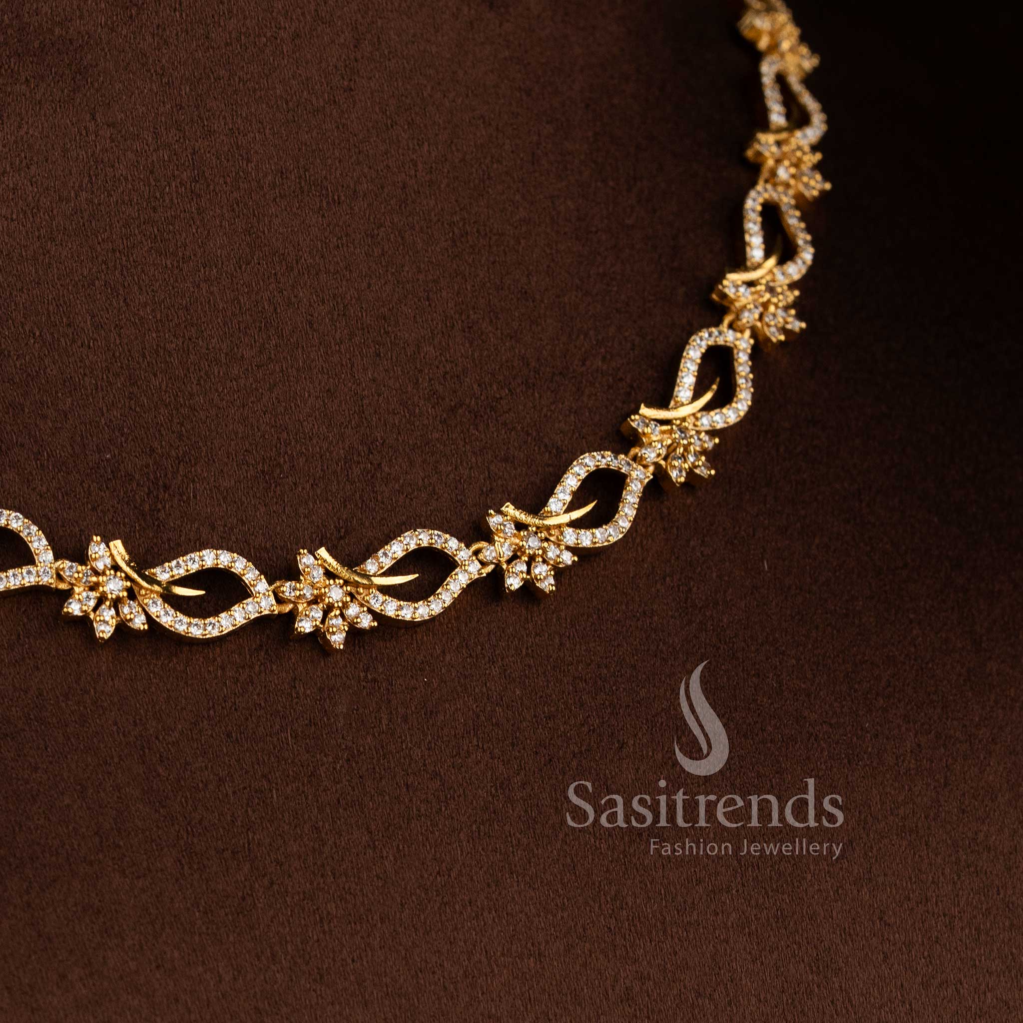 Trendy matte gold plated American diamond floral design necklace jewellery set for women by Sasitrends