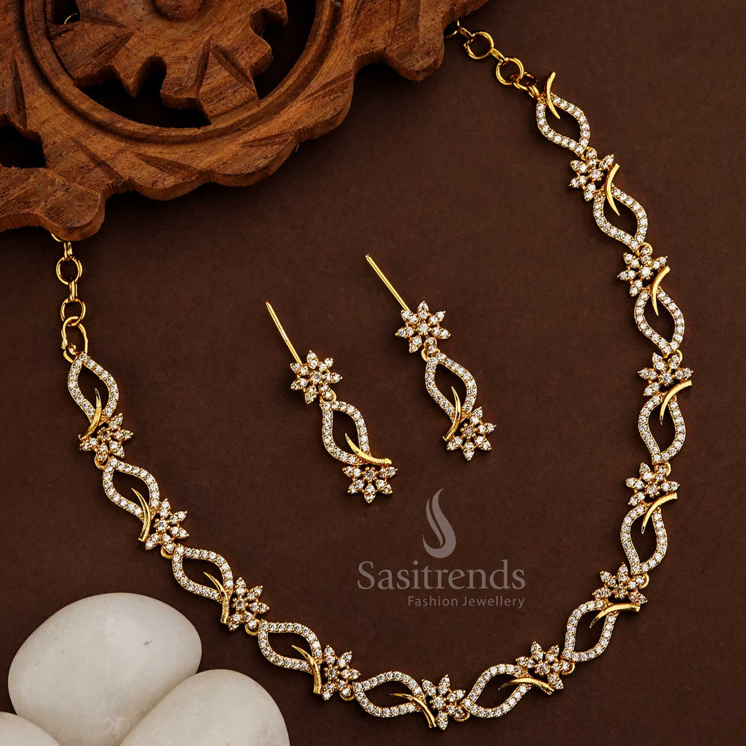 Trendy Matte Gold Plated American Diamond Floral Design American Diamond Necklace Jewellery Set for Women Sasitrends