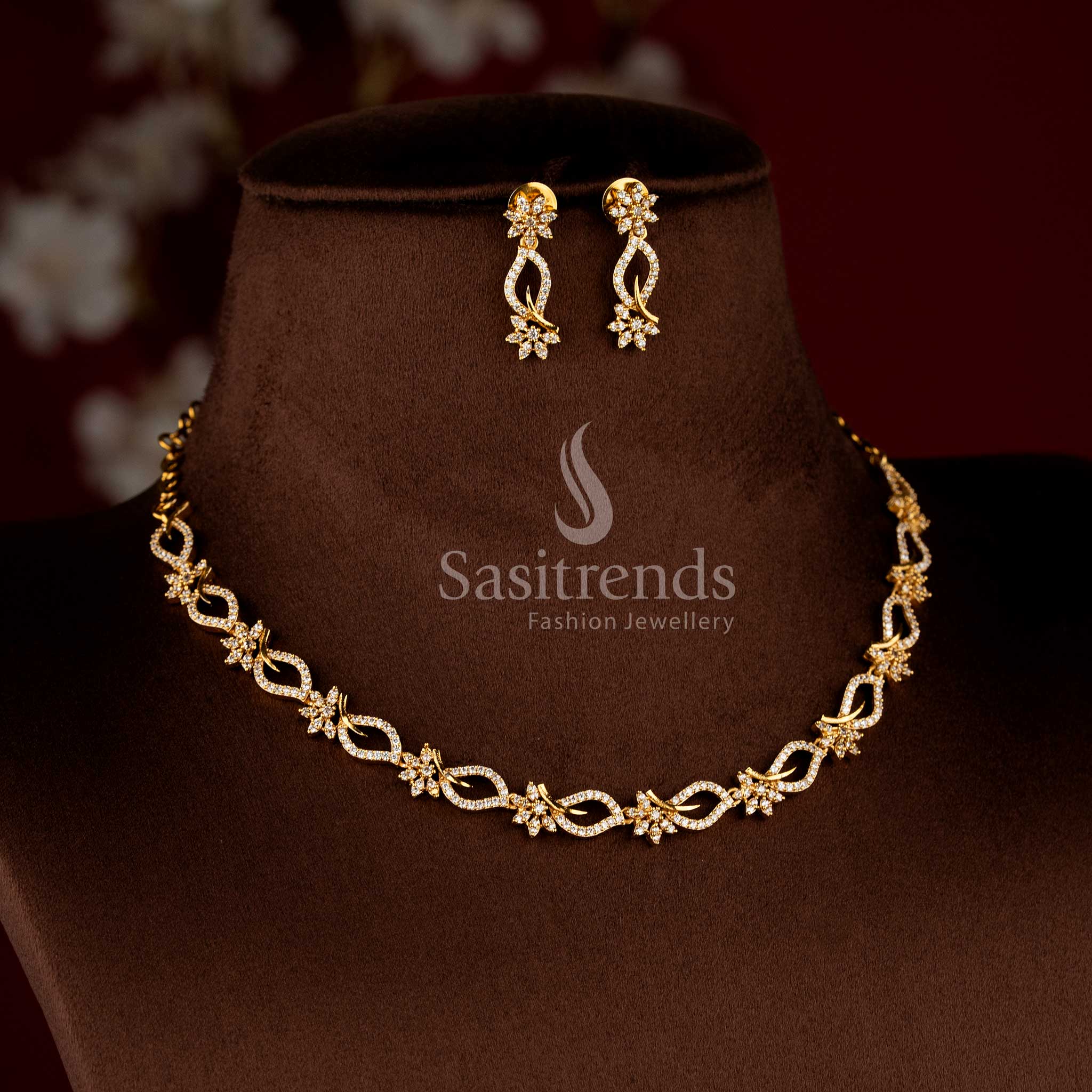 Trendy matte gold plated American diamond floral design necklace jewellery set for women by Sasitrends