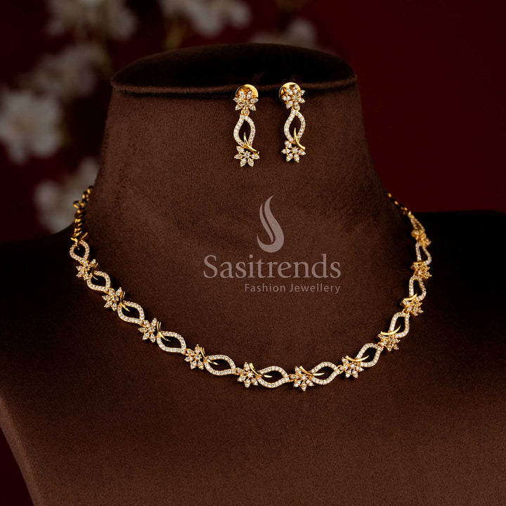 Trendy Matte Gold Plated American Diamond Floral Design American Diamond Necklace Jewellery Set for Women | Sasitrends