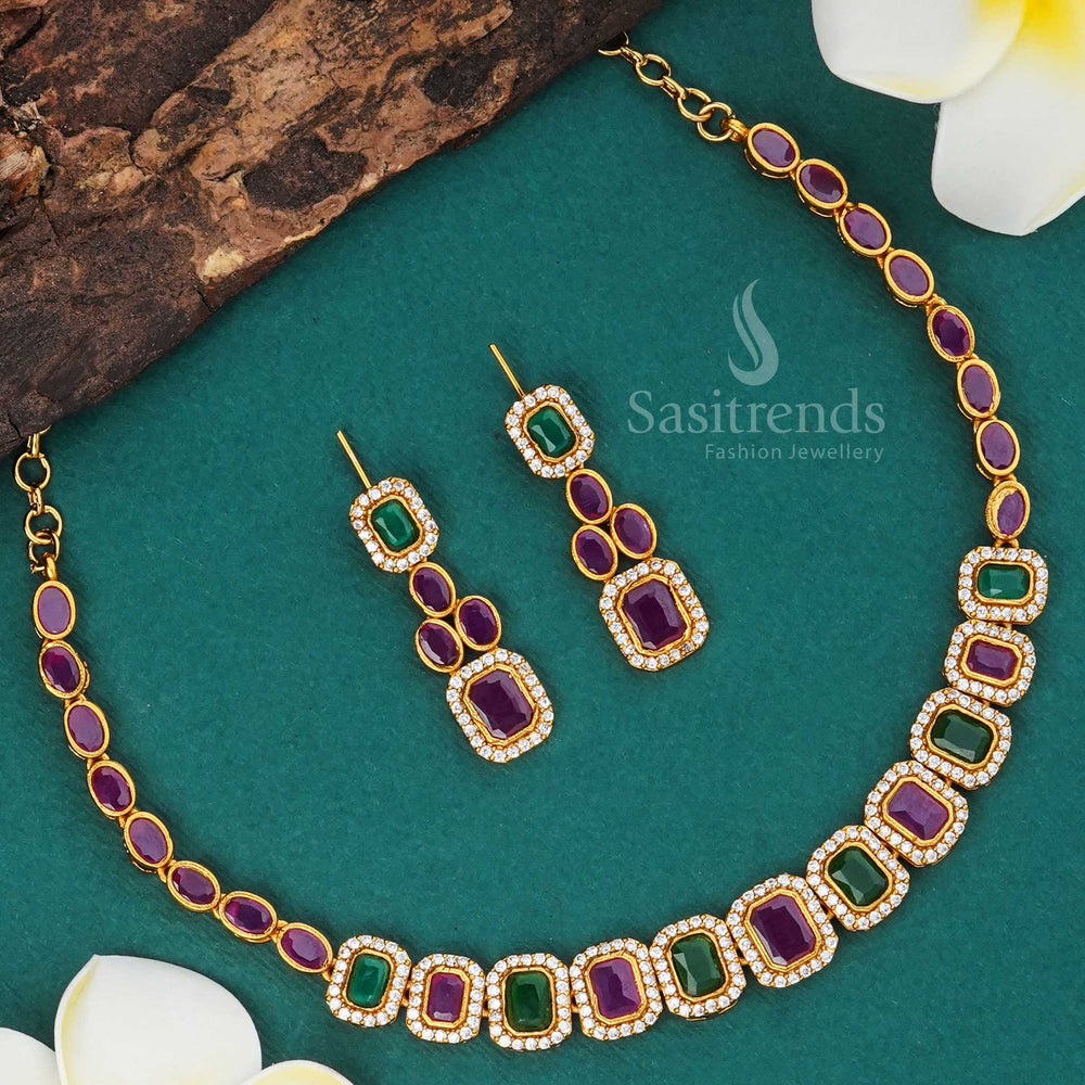 Colourful American Diamond-studded choker with matte gold finish and peacock flair – a trendy ethnic piece for weddings and celebrations – Sasitrends