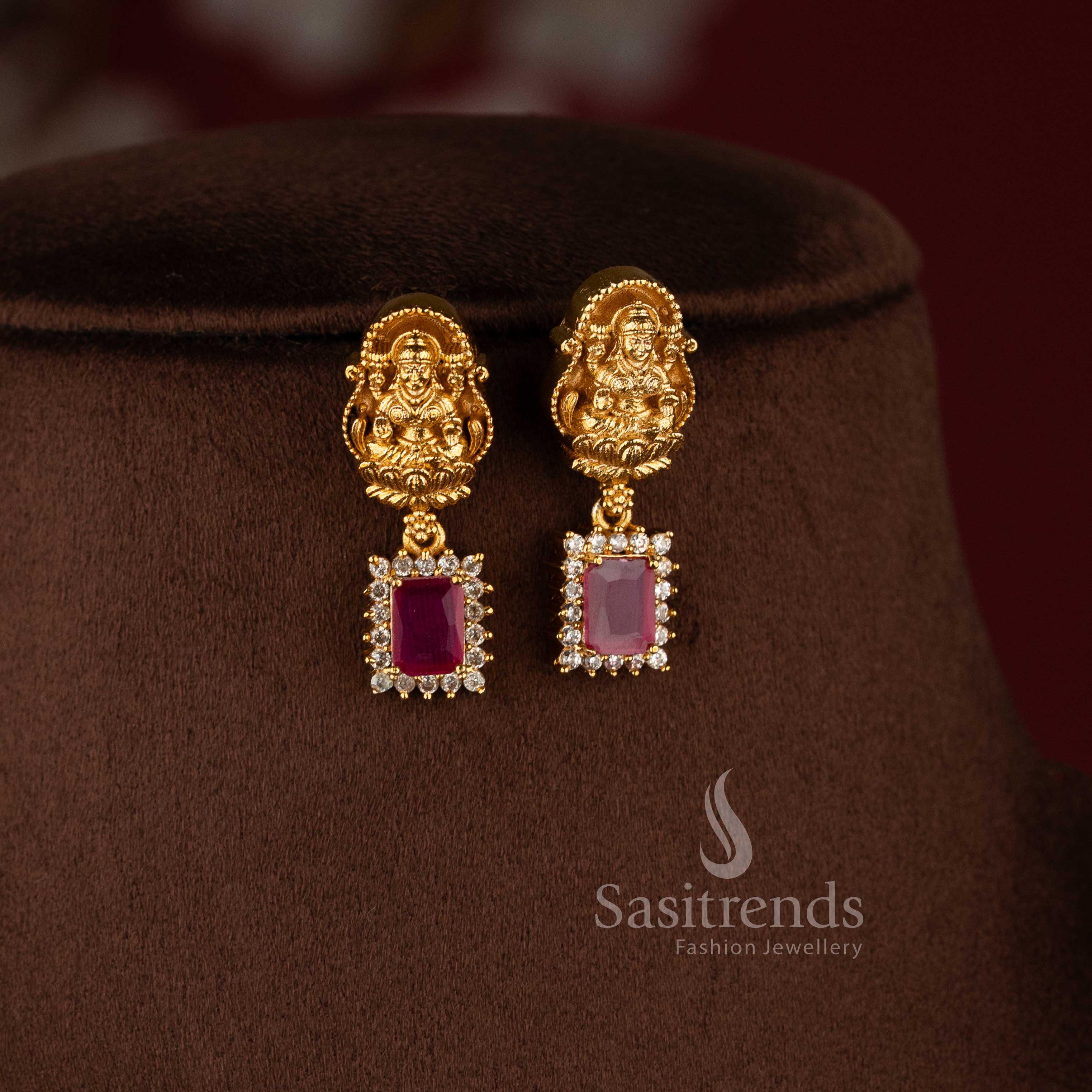 Matte gold temple necklace with Lakshmi motifs and multi-colored gemstones - Sasitrends