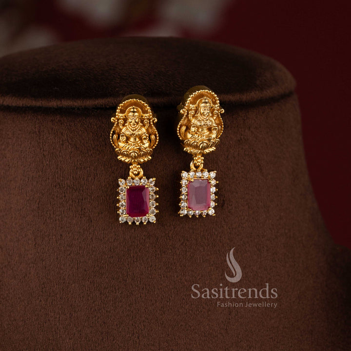 Matte gold temple necklace with Lakshmi motifs and multi-colored gemstones - Sasitrends