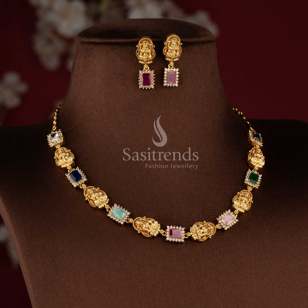 Matte gold temple necklace with Lakshmi motifs and multi-colored gemstones - Sasitrends