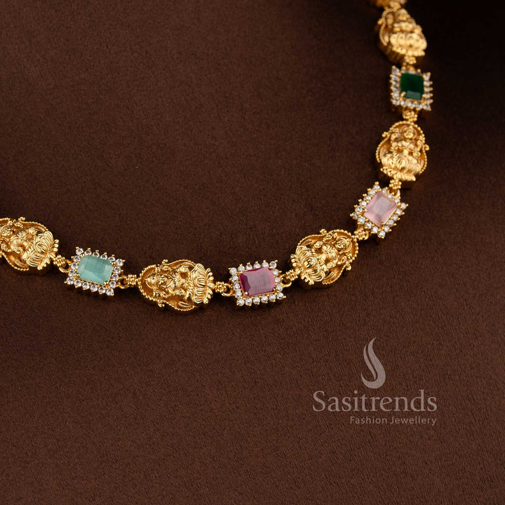 Matte gold temple necklace with Lakshmi motifs and multi-colored gemstones - Sasitrends