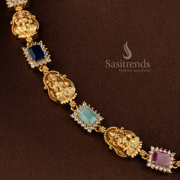 Matte gold temple necklace with Lakshmi motifs and multi-colored gemstones - Sasitrends