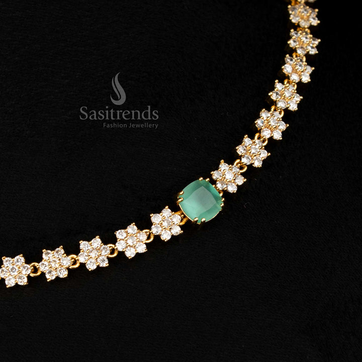 Brilliant American diamond matte gold mint floral necklace with earrings for wedding, reception and festive wear Sasitrends