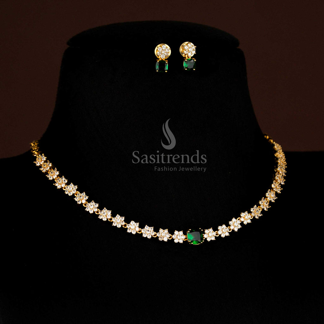 Brilliant American diamond matte gold floral green necklace with earrings for wedding, reception and festive wear Sasitrends