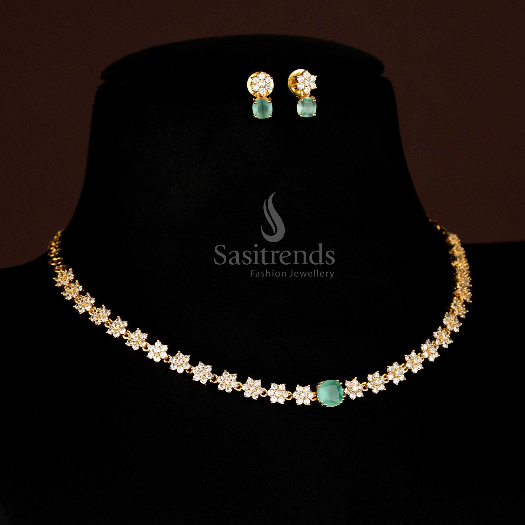 American Diamond Matte Gold Plated Floral Necklace Jewellery Set for Wedding, Reception and Festive Wear