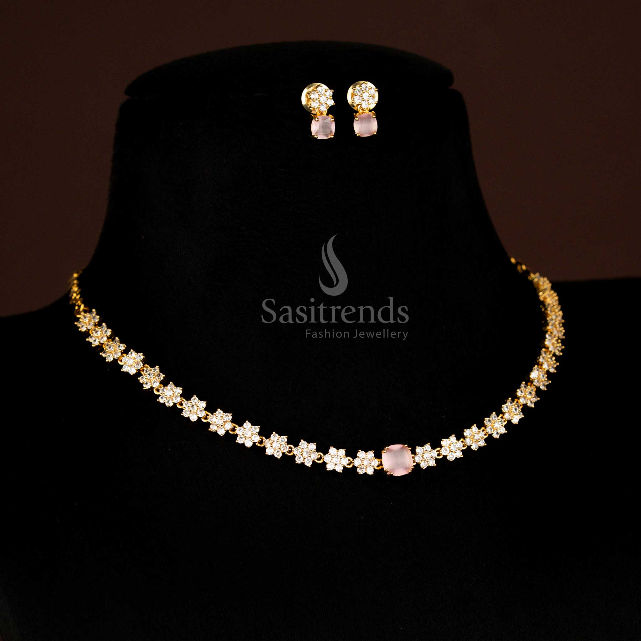 Brilliant American diamond matte gold floral pink necklace with earrings for wedding, reception and festive wear Sasitrends