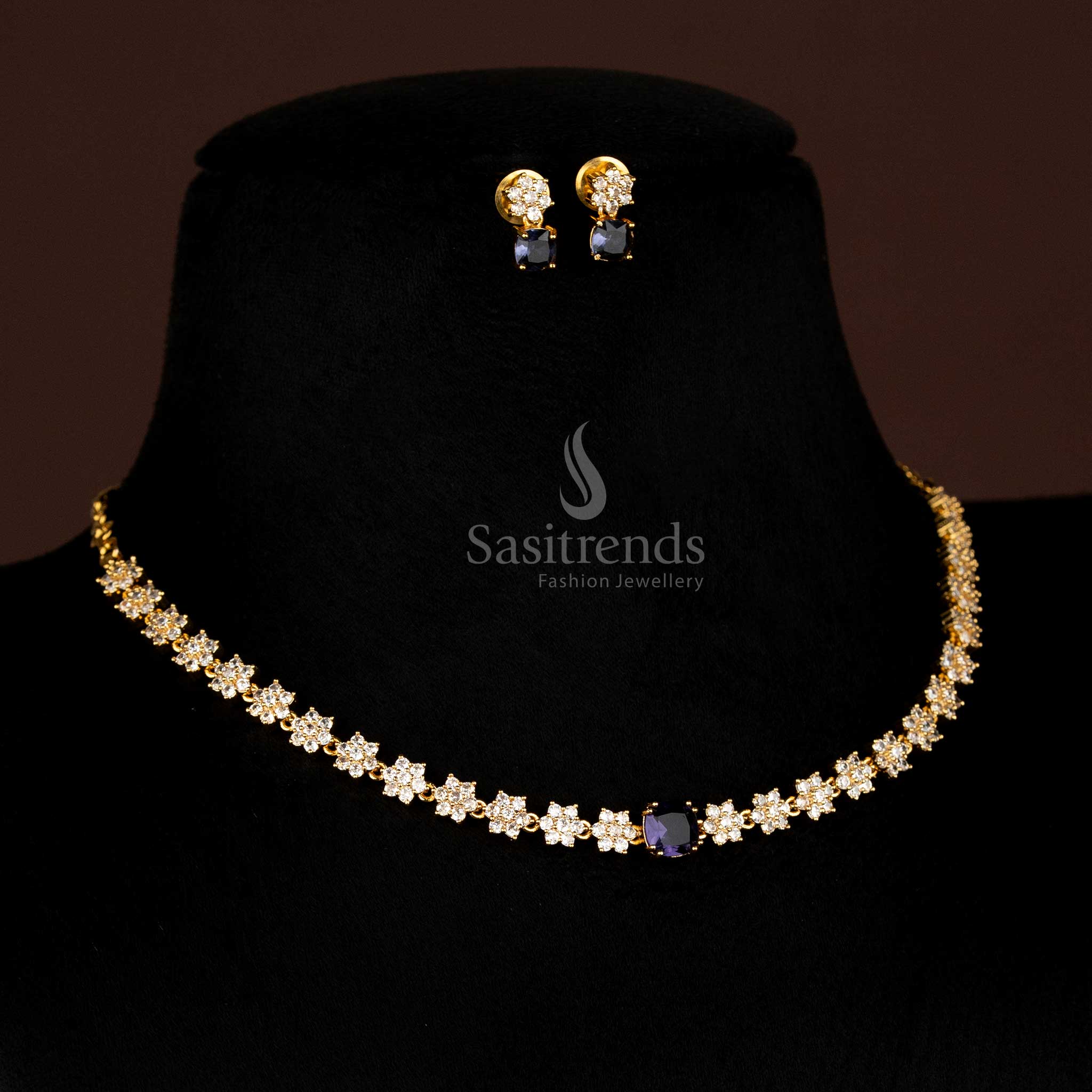 Brilliant American diamond matte gold floral purple necklace with earrings for wedding, reception and festive wear Sasitrends