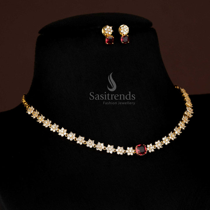 American Diamond Matte Gold Plated Floral Necklace Jewellery Set for Wedding, Reception and Festive Wear