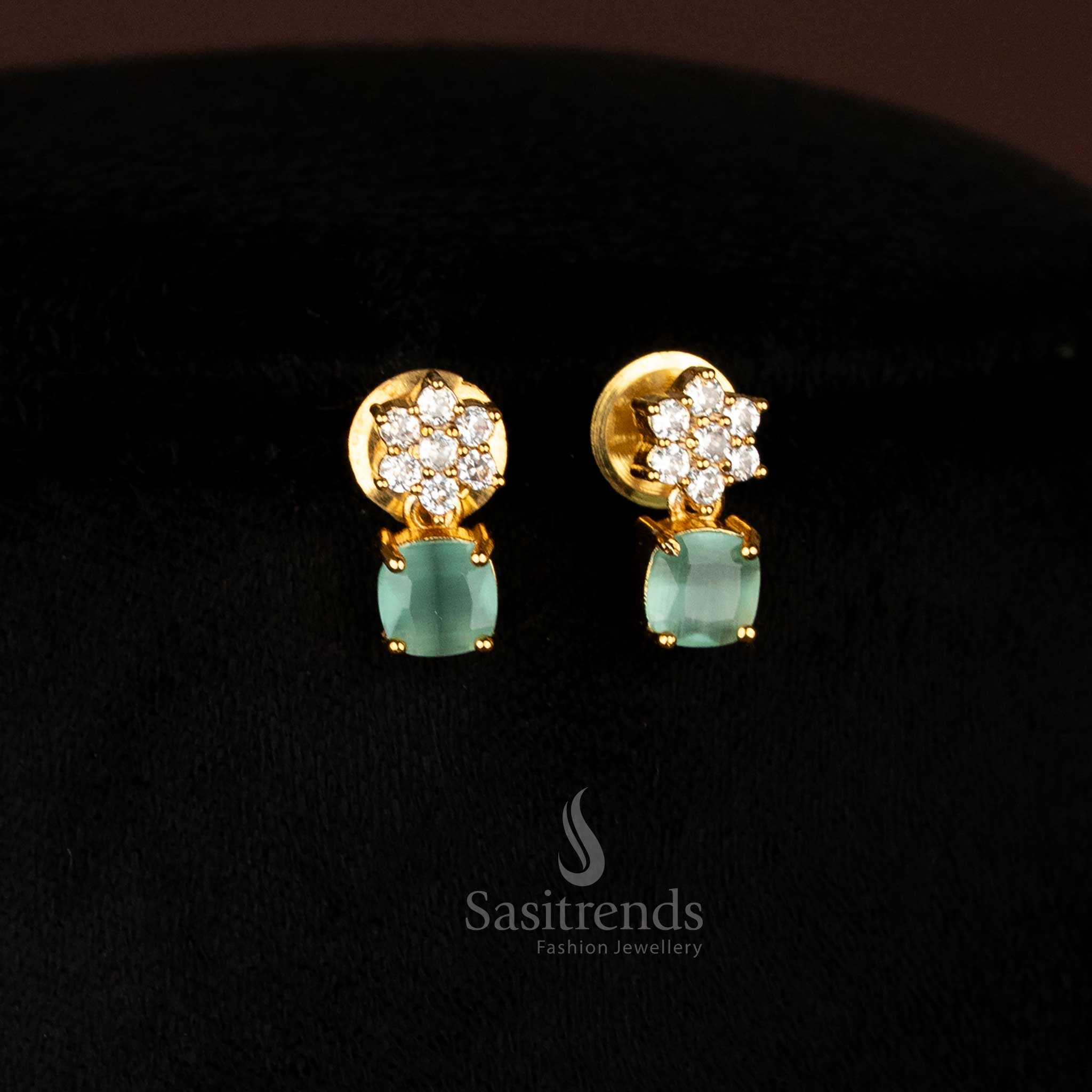  Sasitrends American diamond matte gold plated floral mint necklace set with earrings for party and festive wear
