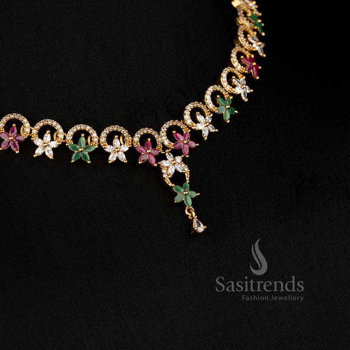 Matte Gold American Diamond Round Cut Necklace Set with Elegant Floral Petal Design for Festive Wear – sasitrends
