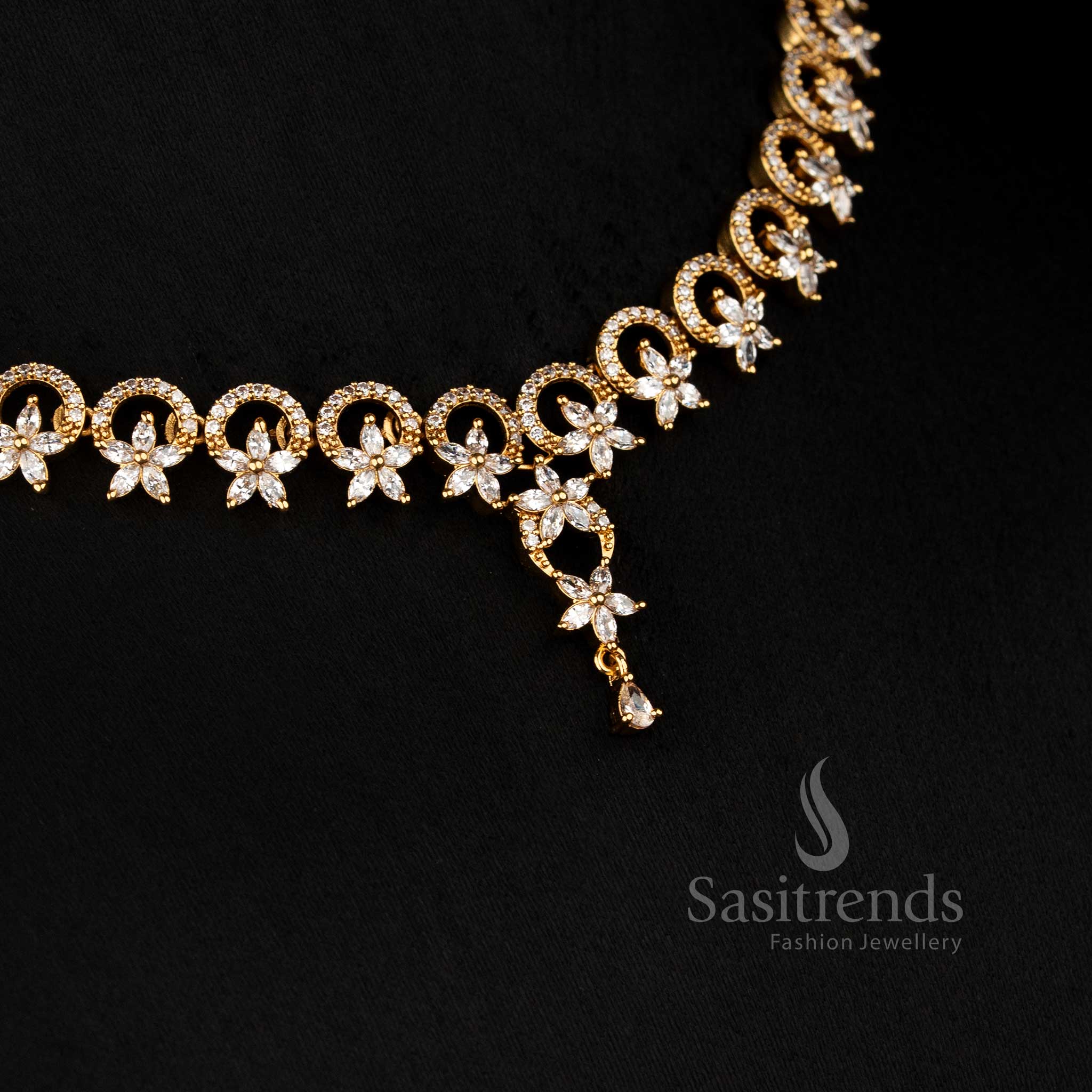 Matte Gold American Diamond Round Cut Necklace Set with Elegant Floral Petal Design for Festive Wear – sasitrends