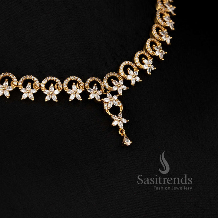 Matte Gold American Diamond Round Cut Necklace Set with Elegant Floral Petal Design for Festive Wear – sasitrends