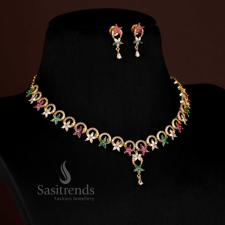 Exquisite Matte Gold Plated American Diamond Round Cut Necklace Set with Floral Petals for Festive Wear – Sasitrends