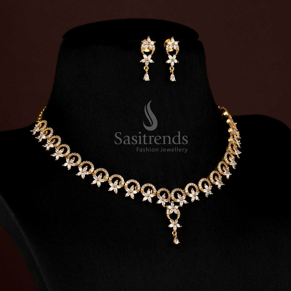 Exquisite Matte Gold Plated Necklace Set with Round Cut American Diamonds and Floral Petals – sasitrends