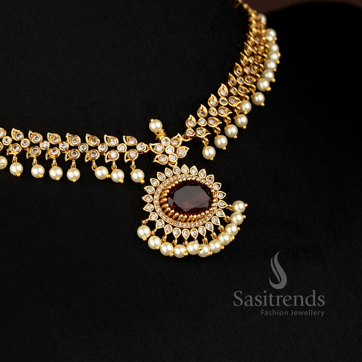 Matte Gold Necklace Set Featuring Oval Linked American Diamonds with Paisley Stones and Pearls for Weddings and Festive Wear – sasitrends