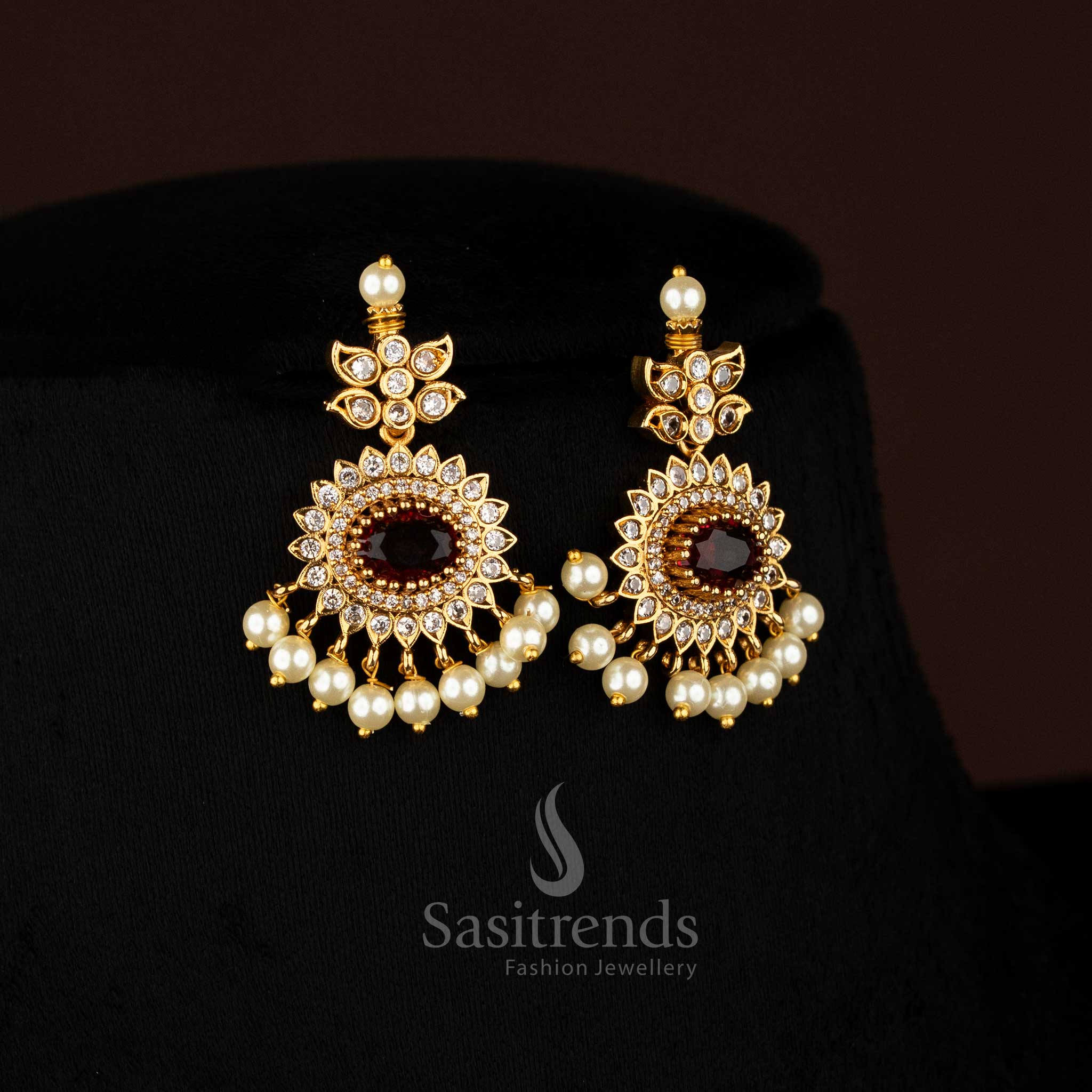 Elegant Matte Gold Plated American Diamond Oval Linked Necklace Set with Paisley Stone Cascades and Pearls – sasitrends