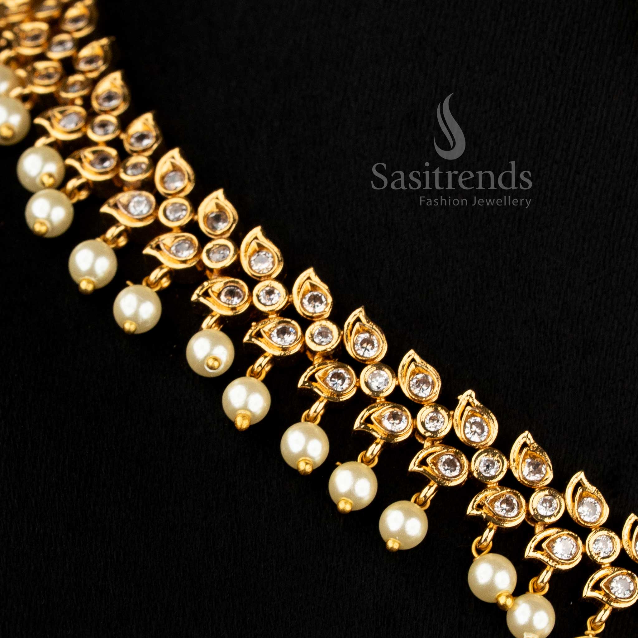 Elegant Matte Gold Plated American Diamond Oval Linked Necklace Set with Paisley Stone Cascades and Pearls – sasitrends