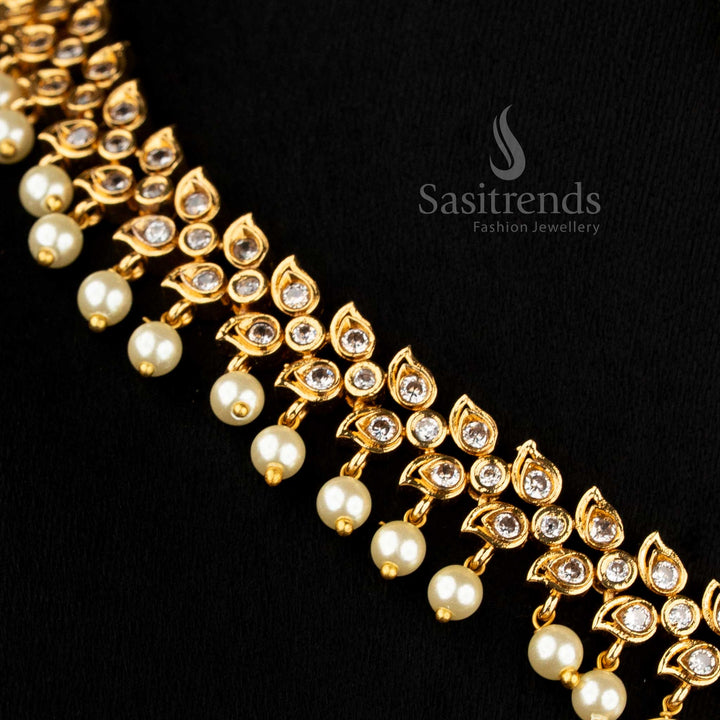 Elegant Matte Gold Plated American Diamond Oval Linked Necklace Set with Paisley Stone Cascades and Pearls – sasitrends