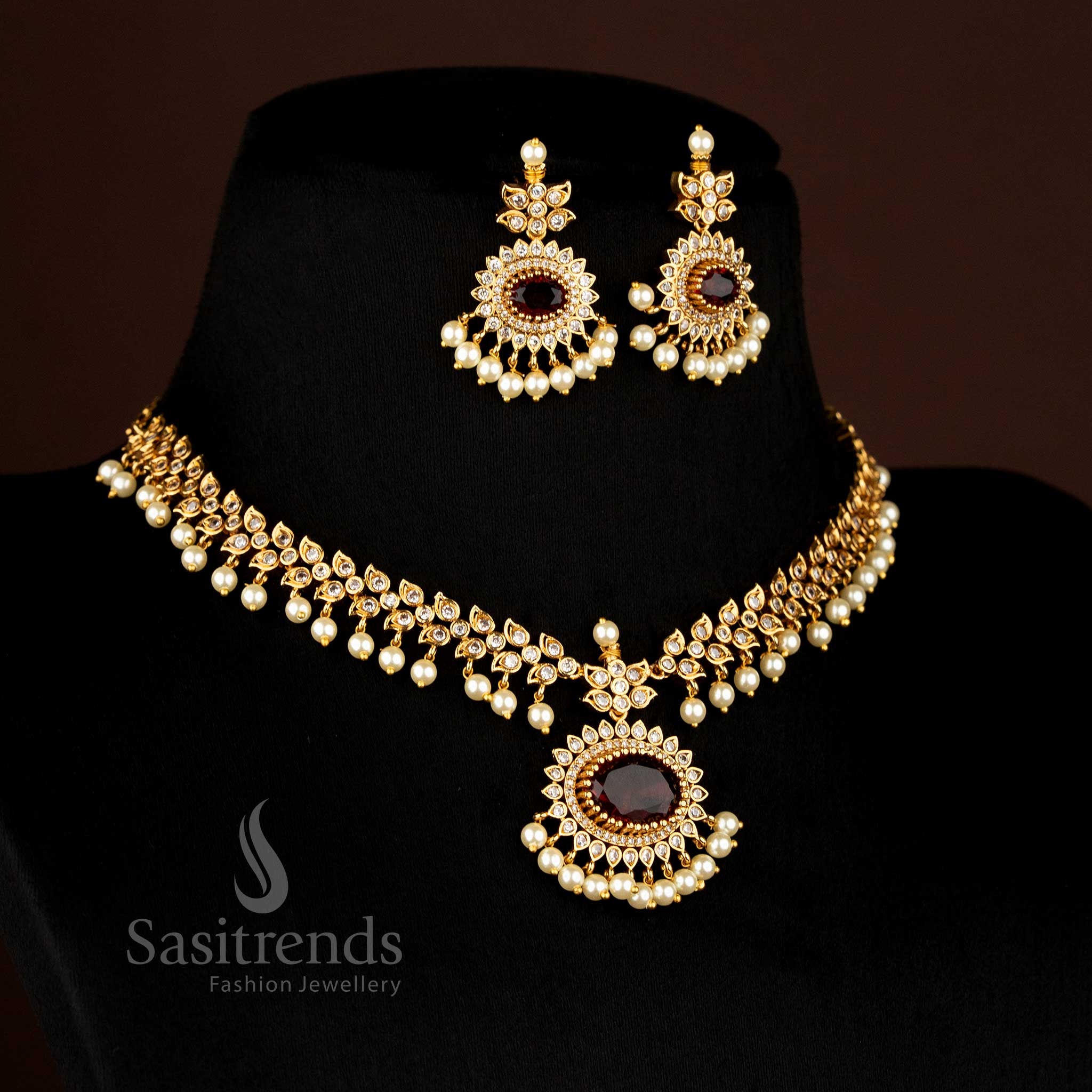 Luxurious Matte Gold Plated Necklace Set with Oval Linked American Diamonds, Cascading Paisley Stones, and Pearls – sasitrends