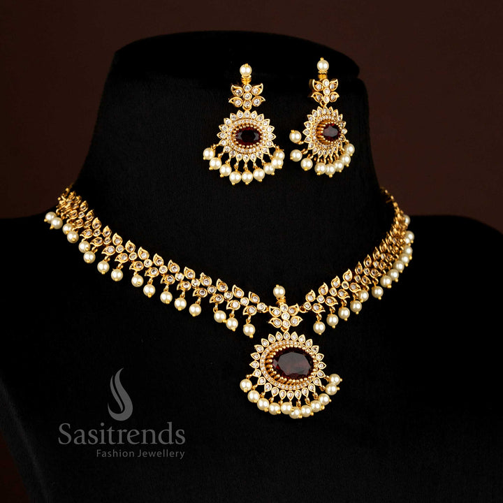 Luxurious Matte Gold Plated American Diamond Oval Linked Necklace Set with Cascading Paisley Stones and Pearls – Sasitrends