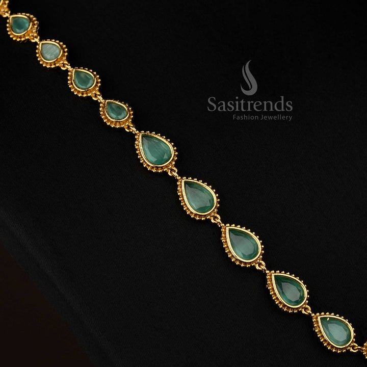 Soothing mint American Diamond teardrop stone matte gold plated long necklace perfect for celebrations - Sasitrends