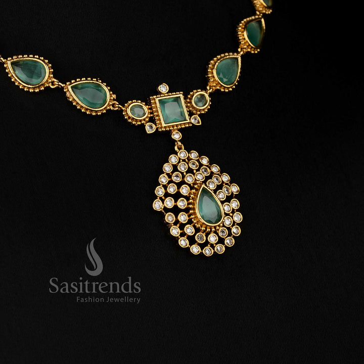 Fresh mint American Diamond matte gold plated teardrop stone long necklace for festive occasion wear - Sasitrends