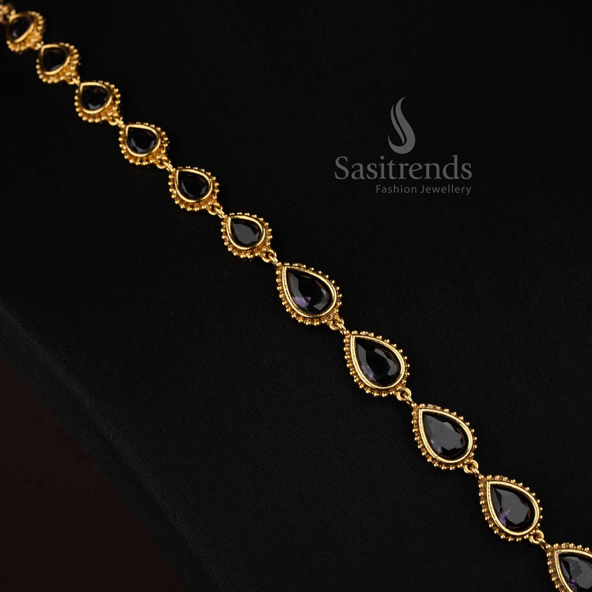 Royal purple American Diamond matte gold plated teardrop stone long necklace for festive events - Sasitrends