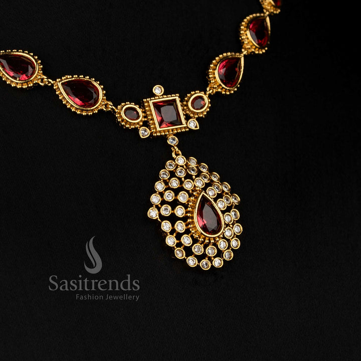 Opulent red American Diamond teardrop stone matte gold plated long necklace ideal for festivals - Sasitrends