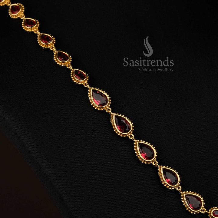 Radiant red American Diamond matte gold plated teardrop stone long necklace for festive celebrations - Sasitrends