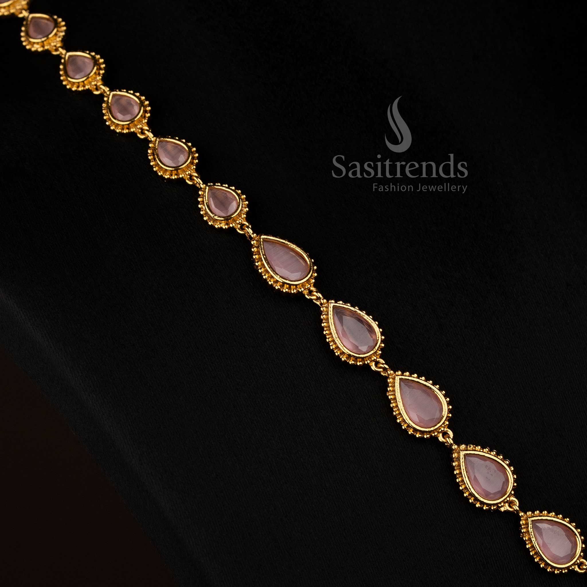 Delicate pink American Diamond matte gold plated teardrop stone long necklace for festive styling - Sasitrends