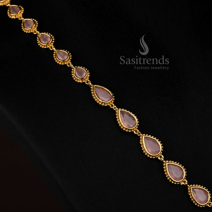 Delicate pink American Diamond matte gold plated teardrop stone long necklace for festive styling - Sasitrends