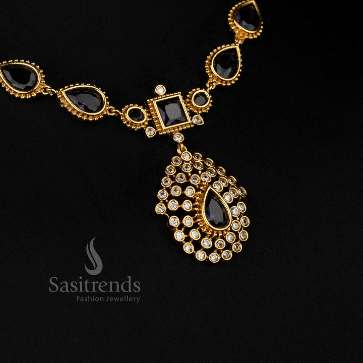 Lavish purple American Diamond teardrop stone matte gold plated long necklace ideal for celebrations - Sasitrends