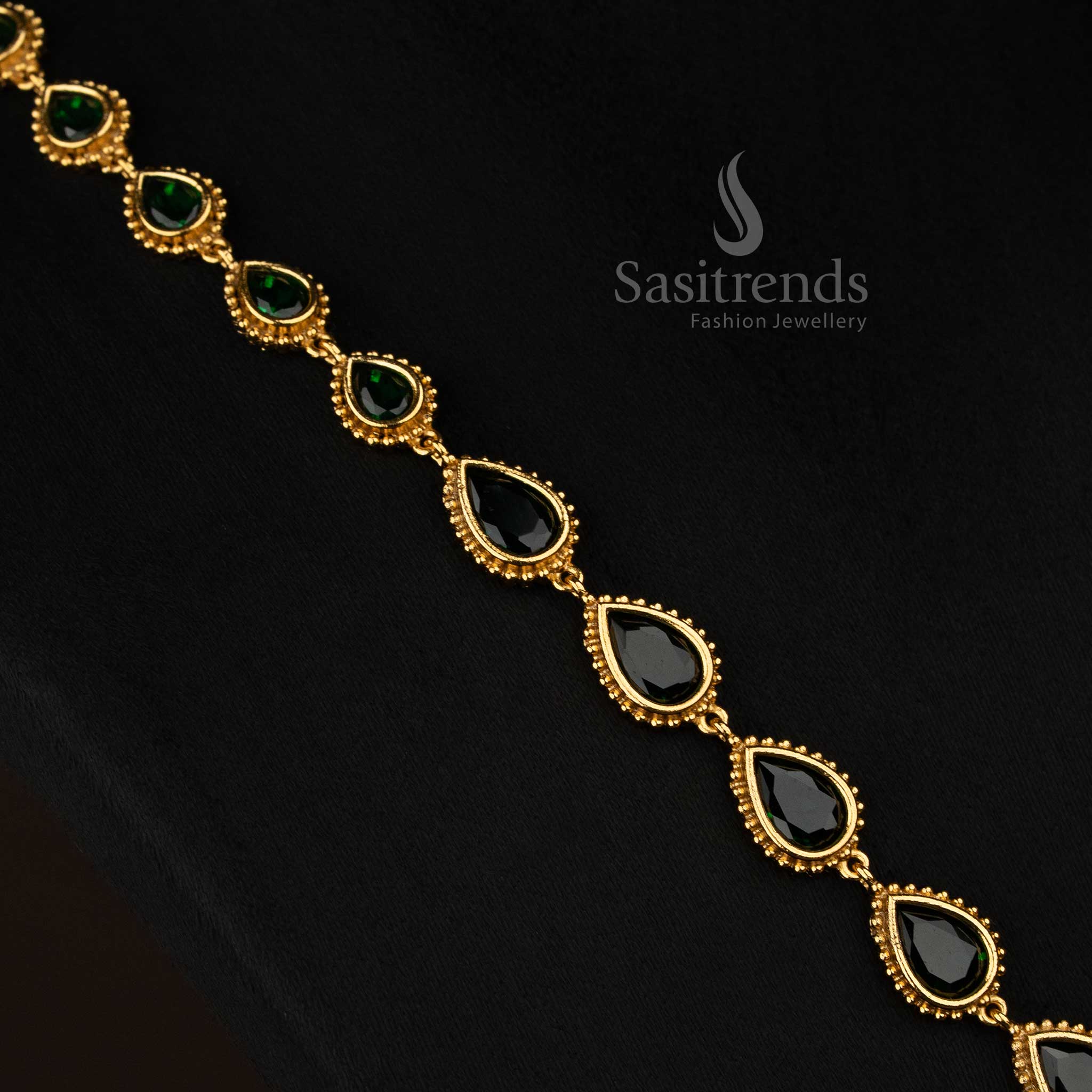 Classic green American Diamond matte gold plated teardrop stone long necklace ideal for festivals - Sasitrends