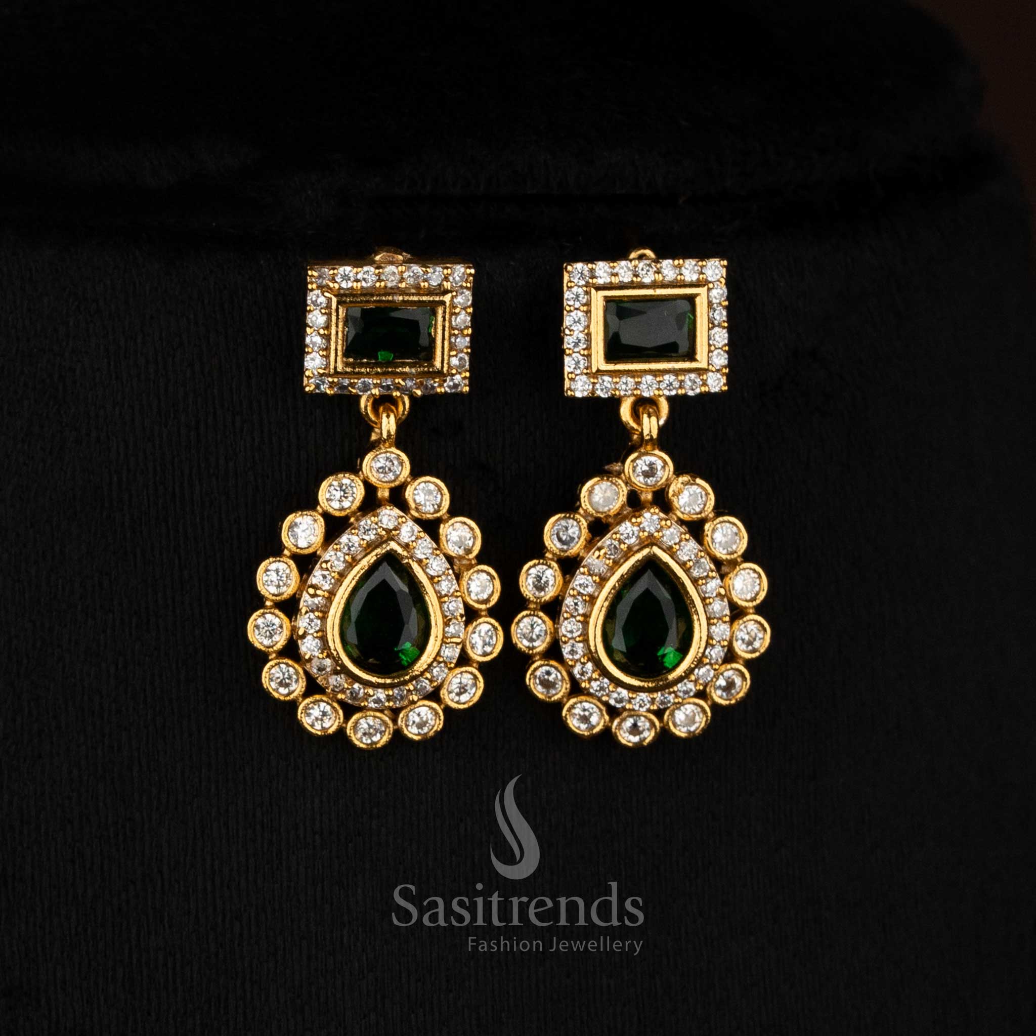 Poised green American Diamond matte gold plated teardrop rectangle motif earrings for refined events - Sasitrends