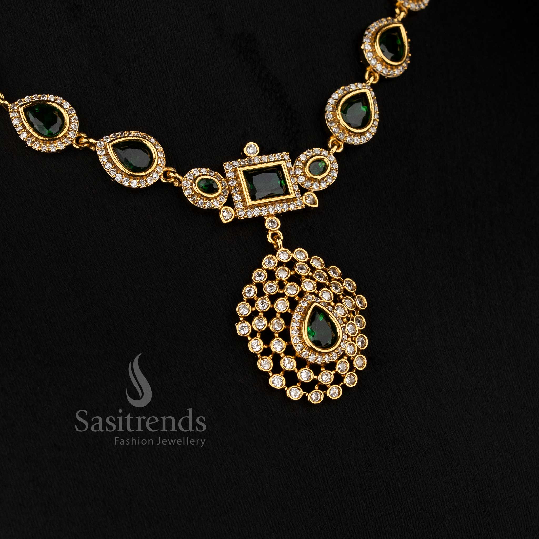 Refined green American Diamond matte gold plated teardrop rectangle motif necklace designed for stylish functions - Sasitrends