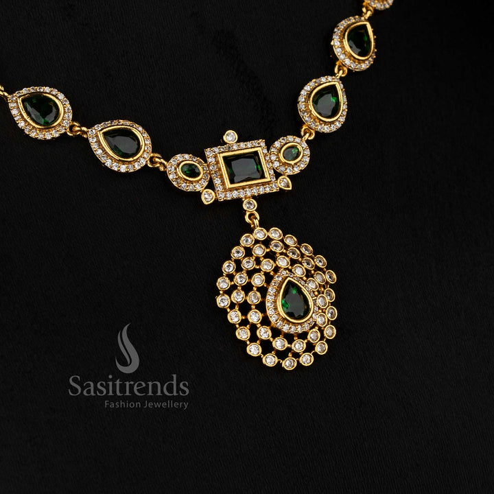 Refined green American Diamond matte gold plated teardrop rectangle motif necklace designed for stylish functions - Sasitrends