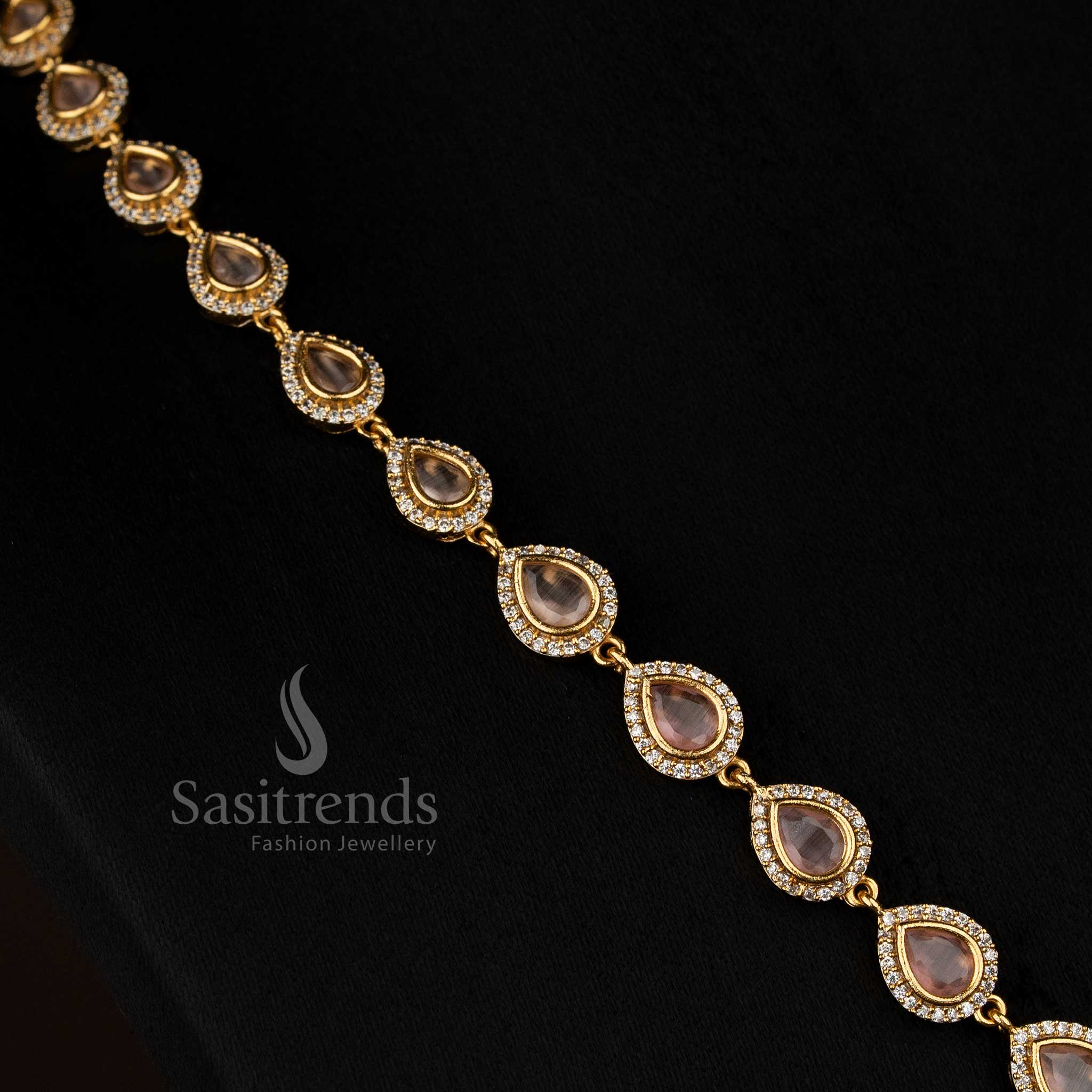 Charming pink American Diamond teardrop rectangle motif matte gold plated necklace ideal for fashionable events - Sasitrends