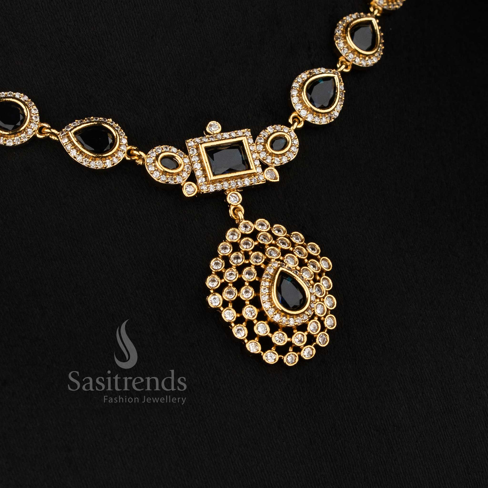 Classic black American Diamond matte gold plated teardrop rectangle motif necklace for stylish functions - Sasitrends