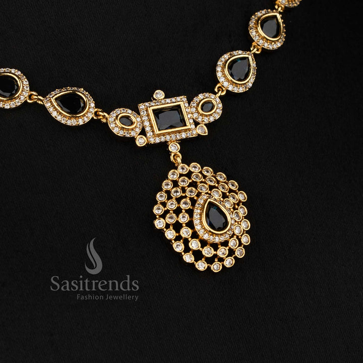 Classic black American Diamond matte gold plated teardrop rectangle motif necklace for stylish functions - Sasitrends